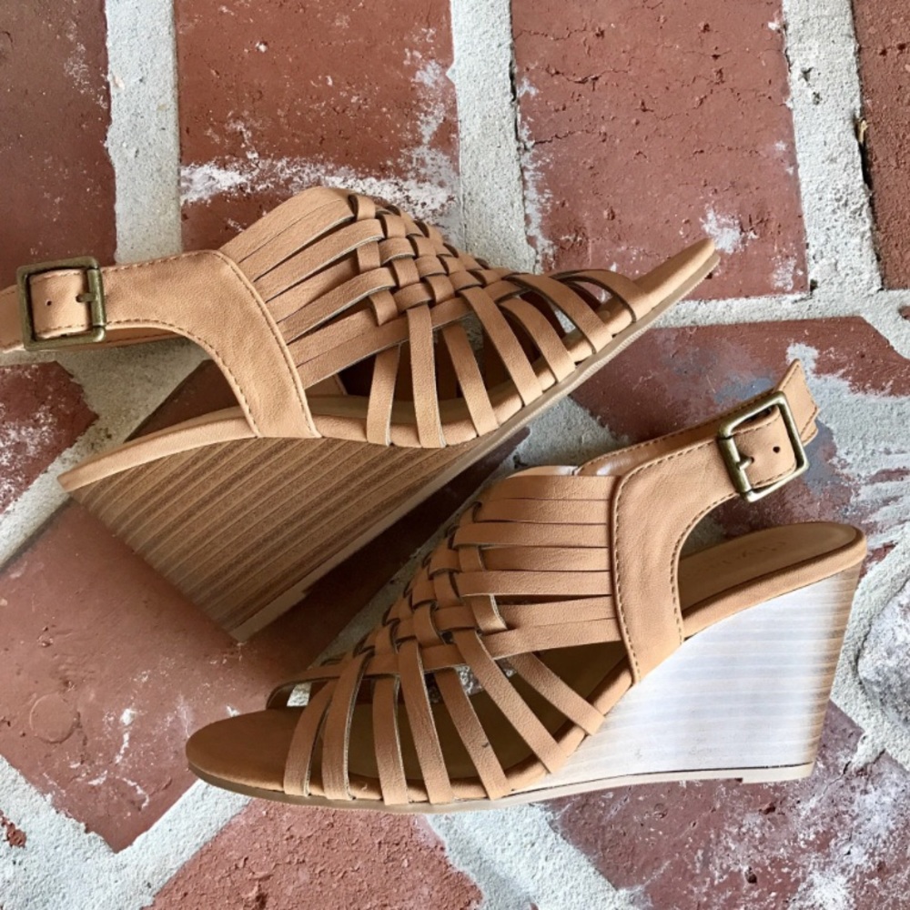Tan sling back wedges